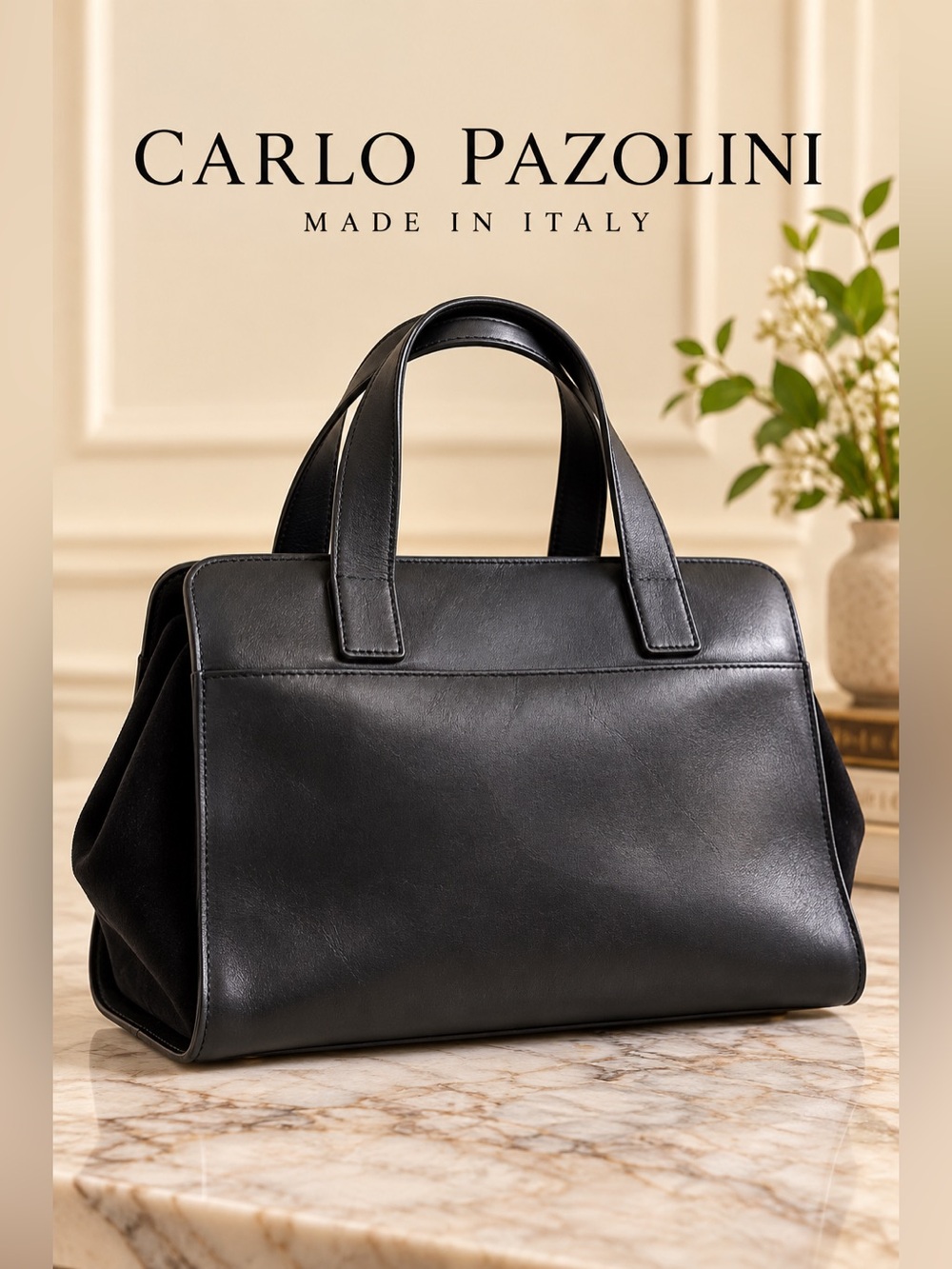 Carlo Pazolini Made in Italy Black Leather Suede Structured Satchel Bag